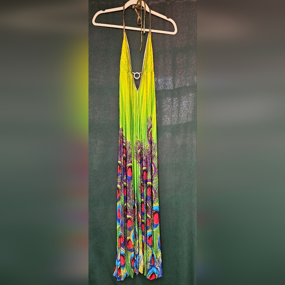 Vibrant Green and Pink Peacock Print Skirt